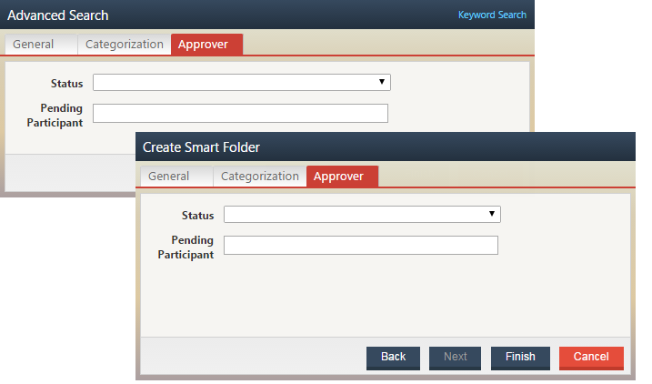 Screenshot of Approver page search options within the Advanced Search wizard.